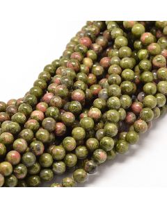 Prirodni Unakit Poliran, Dimenzjia 4 mm. Cena je data za niz od oko 86-90 perli. ( KPUNA4 )