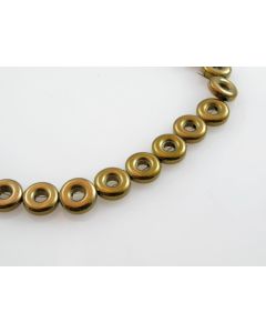 Hematit perle, Donut. Boja Zlata, Dimenzije 10x3.5 mm; rupa: 1 mm. Niz sadrži oko 40 perli (KP-HEM-33)