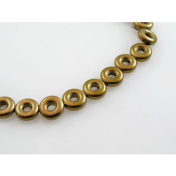 Hematit perle, Donut. Boja Zlata, Dimenzije 10x3.5 mm; rupa: 1 mm. Niz sadrži oko 40 perli (KP-HEM-33)