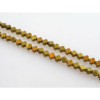 Hematit perle, Krstić. Electroplate prevlaka, Boja Zlatna , Dimenzije 4 x 4 mm,  rupa: 1 mm. Niz sadrži oko 100 perli (KP-HEM-55)