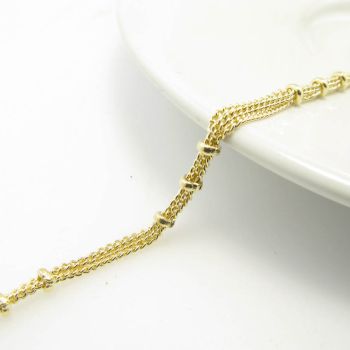 Metalni mesing lanac- boja zlata  3 lanca 2x1mm spojeni perlama 4mm  ( L3-18Z)